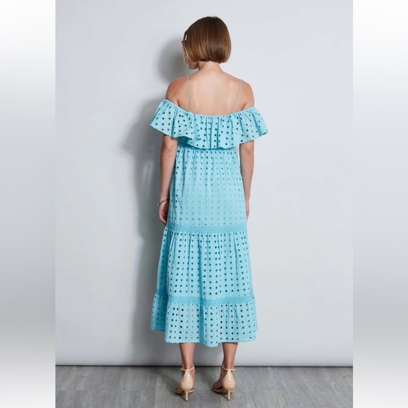 T Tahari Eyelet Midi Dress Blue Off-Shoulder Smocked Bodice Tiered NWT Sz XS - Picture 15 of 15